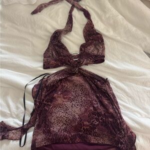 Plunging Halter Mini Dress in Burgundy Snake Print worn once